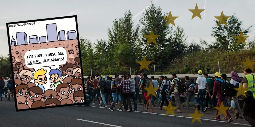 Ska massinvandringen upphöra eller ska den bara byta namn? Infällt foto: X/ @HighwayFromSaro. Bakgrundsfoto: Wikipedia/ Joachim Seidler, photog_at from Austria