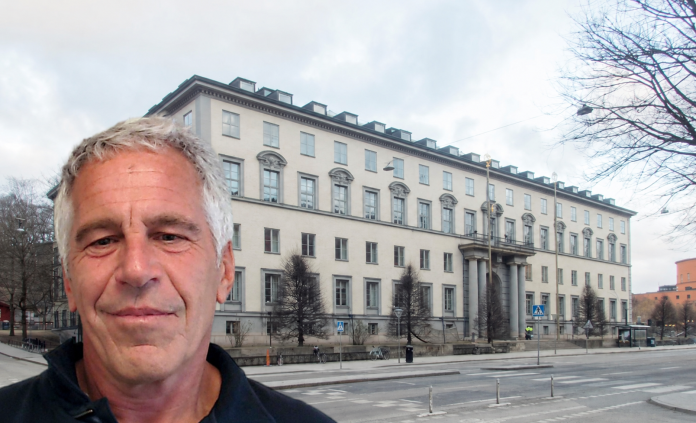 Vilka kopplingar finns mellan Jeffrey Epstein (infälld) och Handelshögskolan i Stockholm. Bildmontage. Foto, Epstein: Pubmic domain. Foto, Handelshögskolan: Wikipedia/ CC BY-SA 4.0
